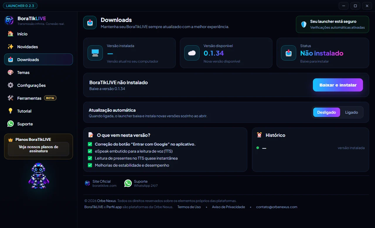 Captura real completa do launcher BoraTikLIVE
